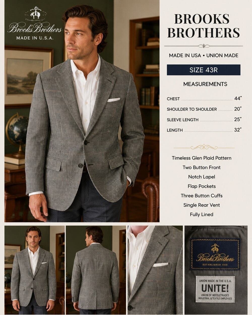 Brooks Brothers 346 Blazer 43R Gray Glen Plaid Wool Made USA Union Vintage